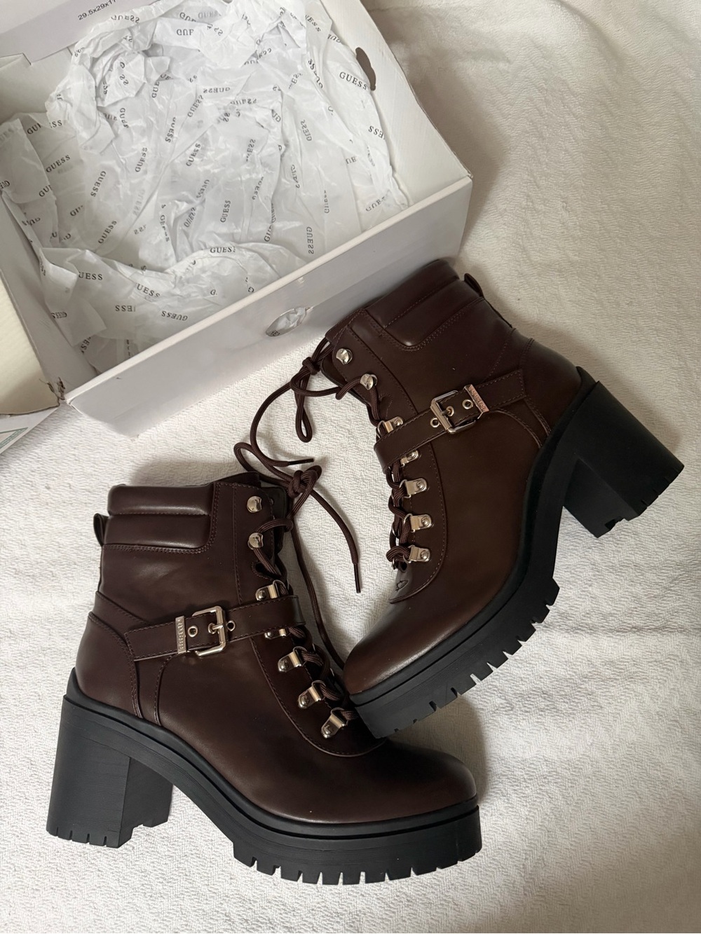 Guess Brown Platform Lug Sole Lace-Up Buckle Combat Ankle Boots Women’s 9.5